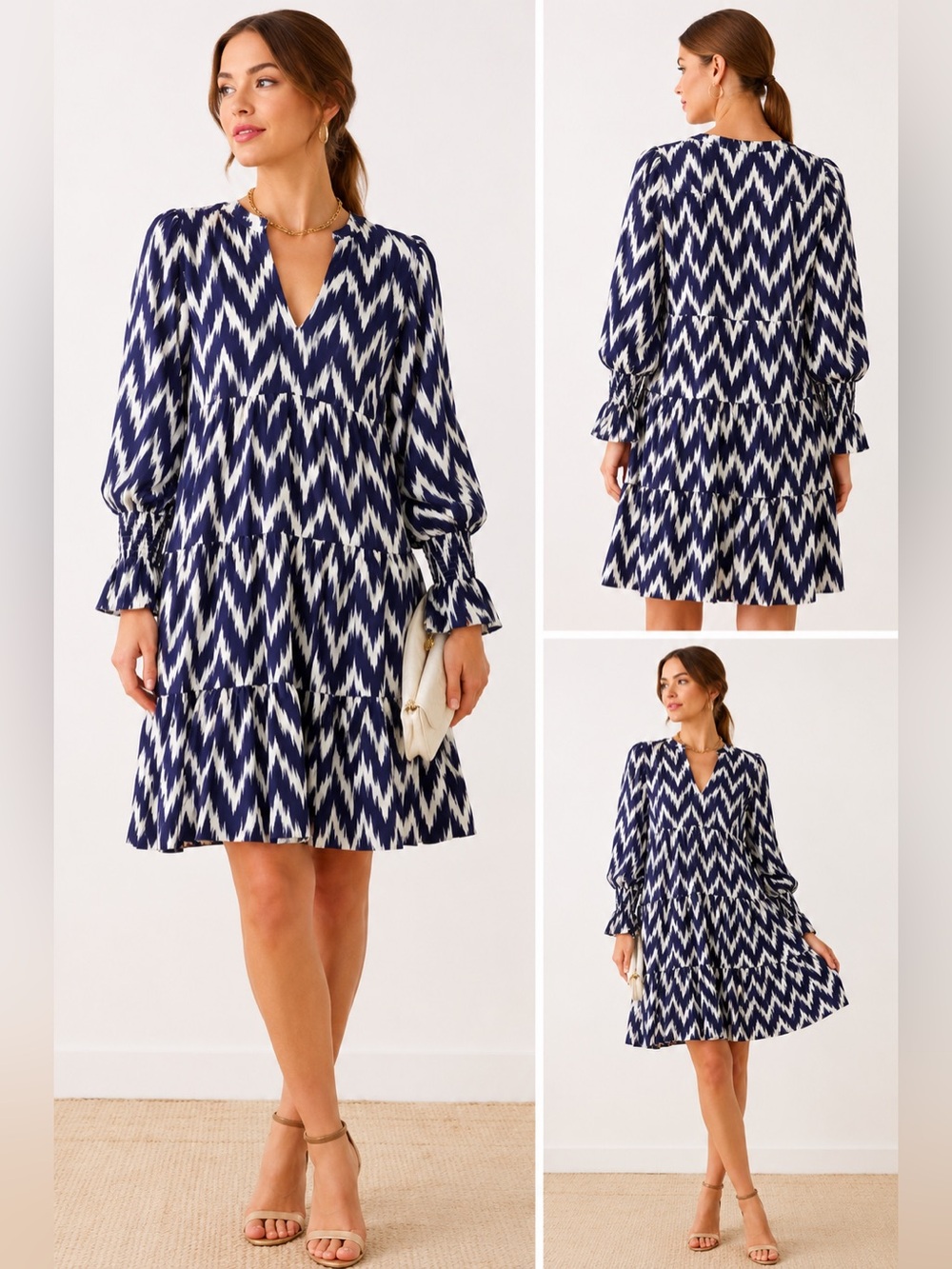 Pomander Place Navy White Chevron Tiered Long Sleeve Mini Dress L